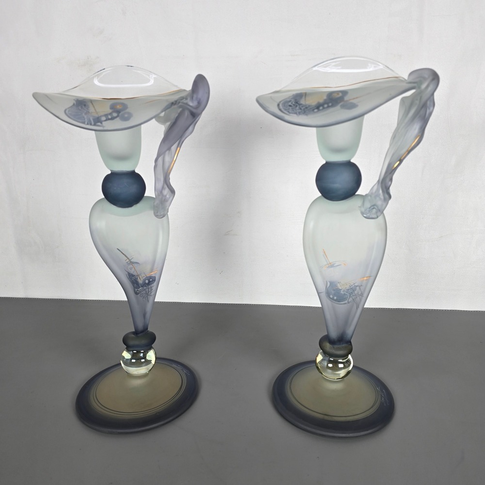 Ion Tamaian Signed Studio Art Glass Candle Holders Pair Frosted Blue Gold Gilt